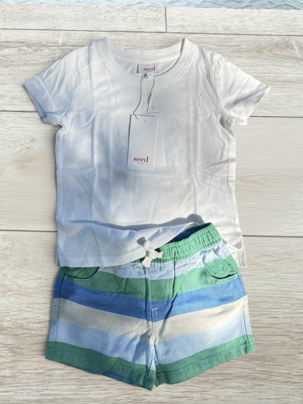 NWT Seed Heritage Toddler Size 2 Striped Shorts & White Tee Outfit Set